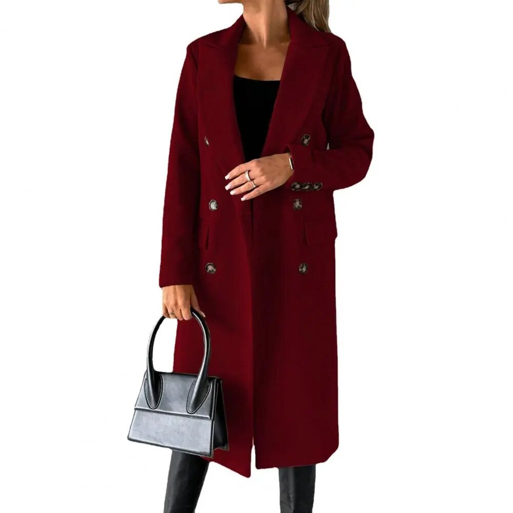 Women's Double-Breasted Coat with Lapels, Below-Knee Length in Red