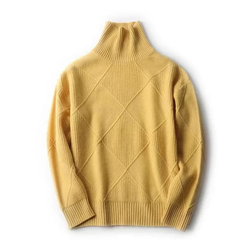 Women's Roll-Neck Jumper with Geometric Diamond Pattern in Yellow