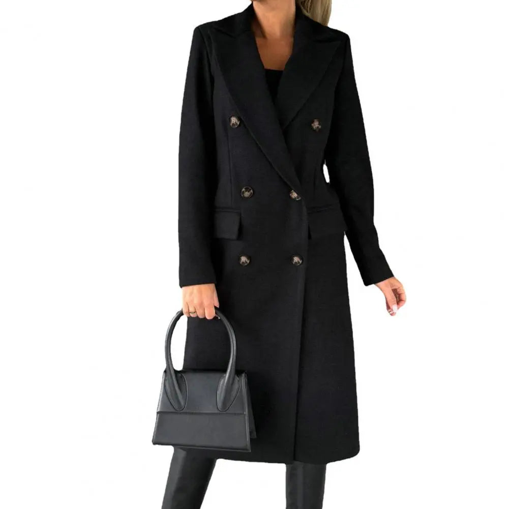 Women's Double-Breasted Coat with Lapels, Below-Knee Length in Black