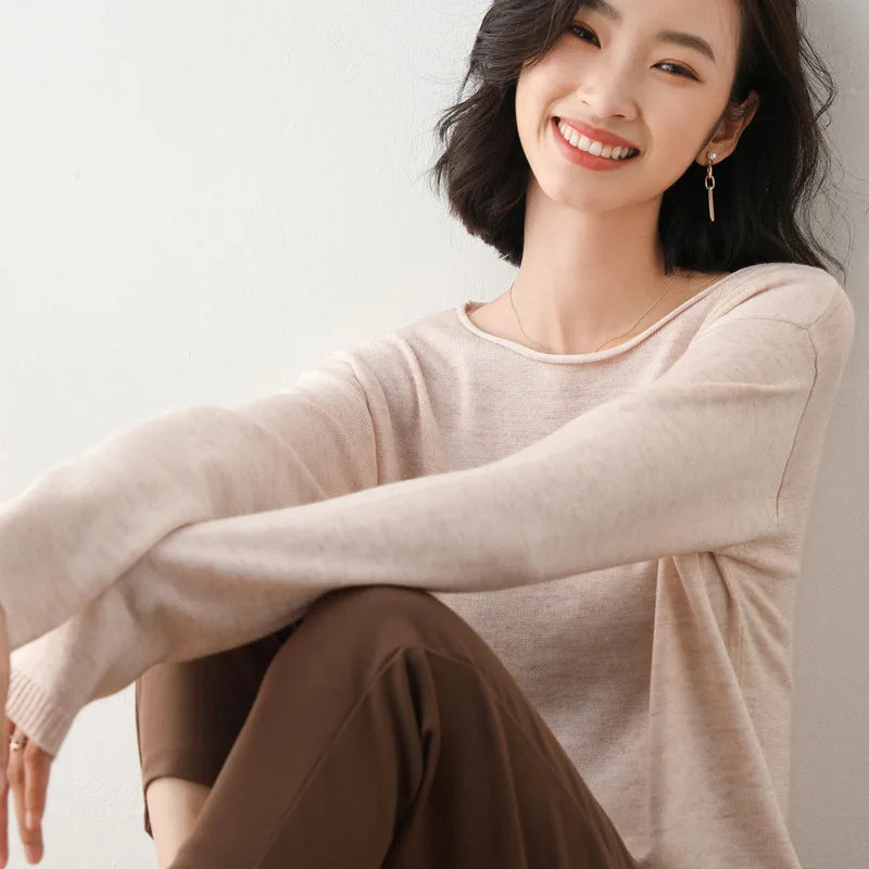 Women's Jumper with Wide Round Neckline and Rolled Edge in Beige