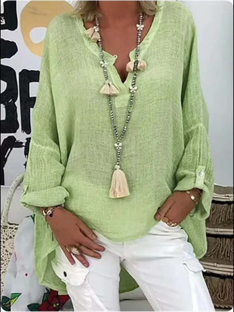 Women's Relaxed Tunic Blouse with V-Neck and Roll-Up Sleeves in Green