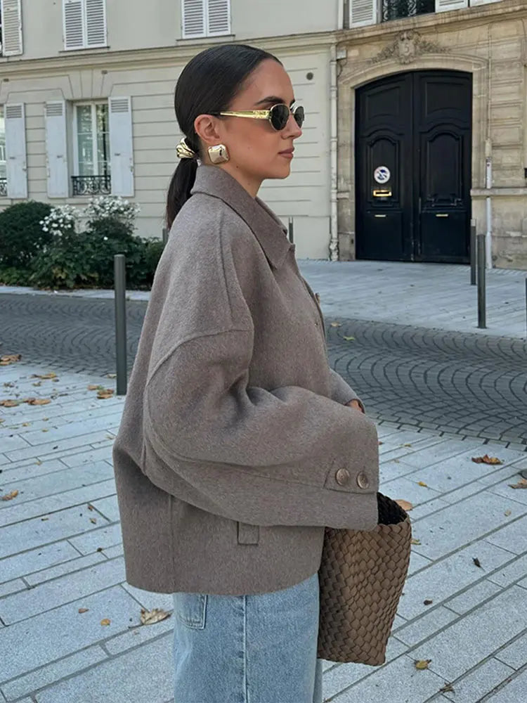 Women's Taupe Oversized Coat with Collar and Button Front in Taupe