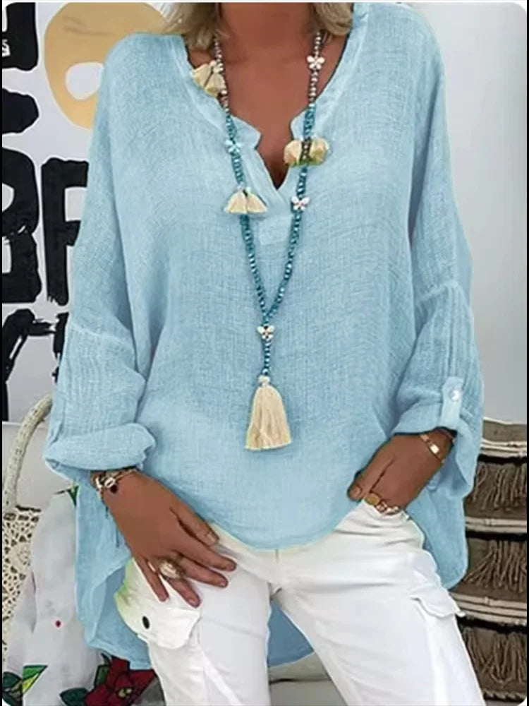 Women's Relaxed Tunic Blouse with V-Neck and Roll-Up Sleeves in Blue