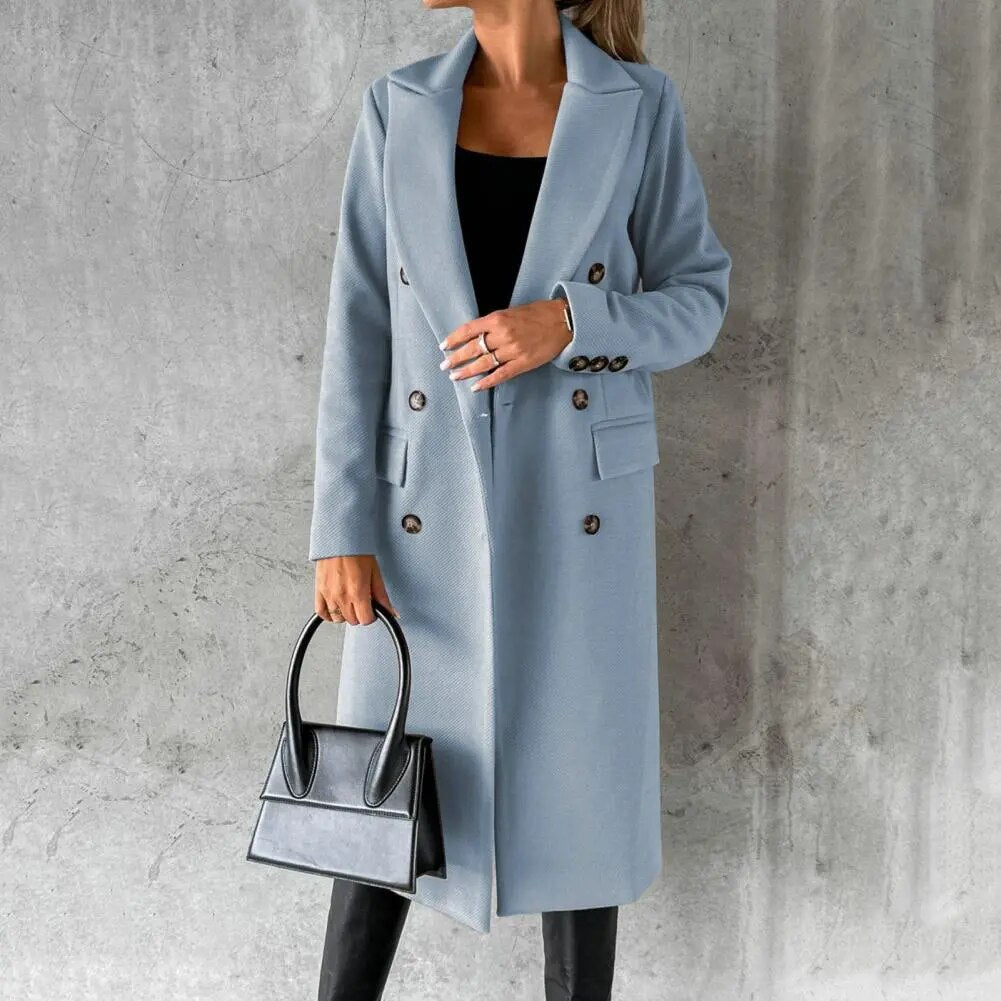 Women's Double-Breasted Coat with Lapels, Below-Knee Length in Blue