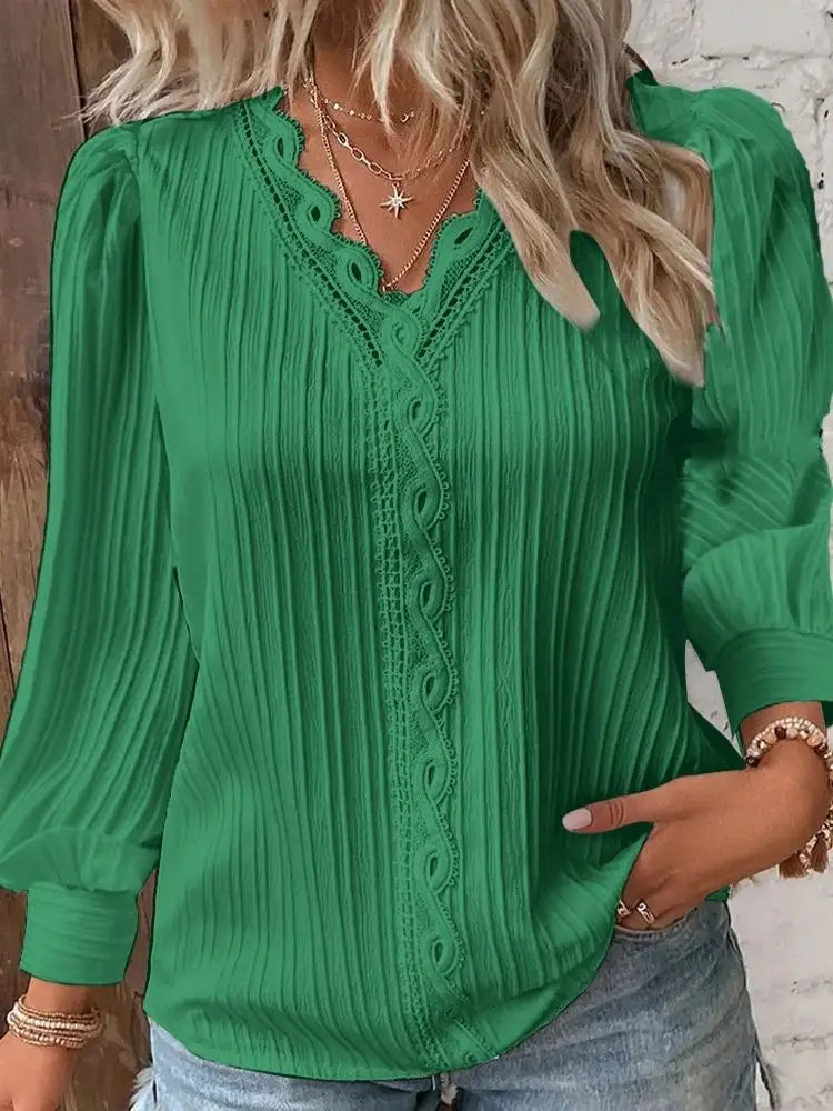 Women's Lace Trim V-Neck Blouse with Puff Sleeves in Green