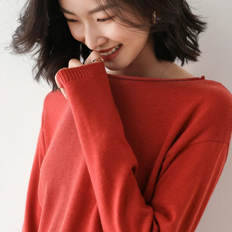 Women's Jumper with Wide Round Neckline and Rolled Edge in Dark Red