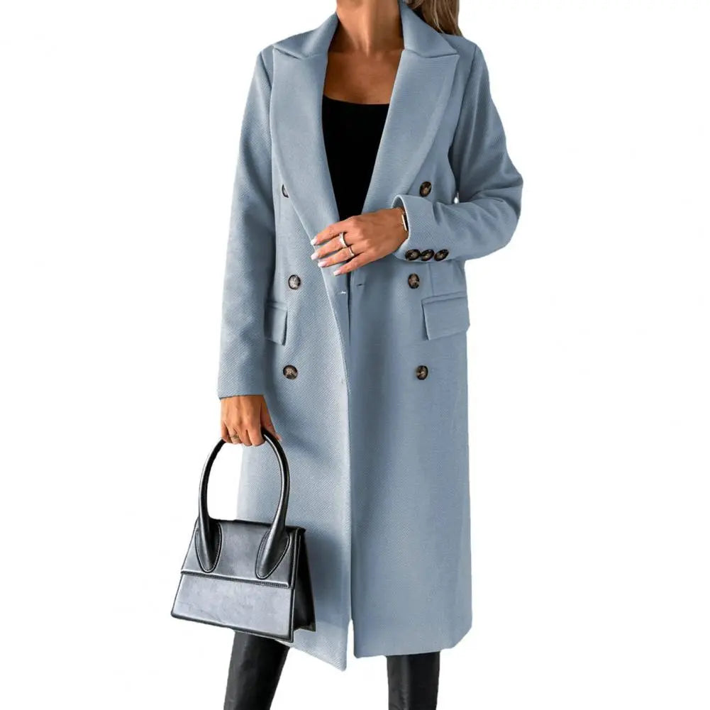 Women's Double-Breasted Coat with Lapels, Below-Knee Length in Blue