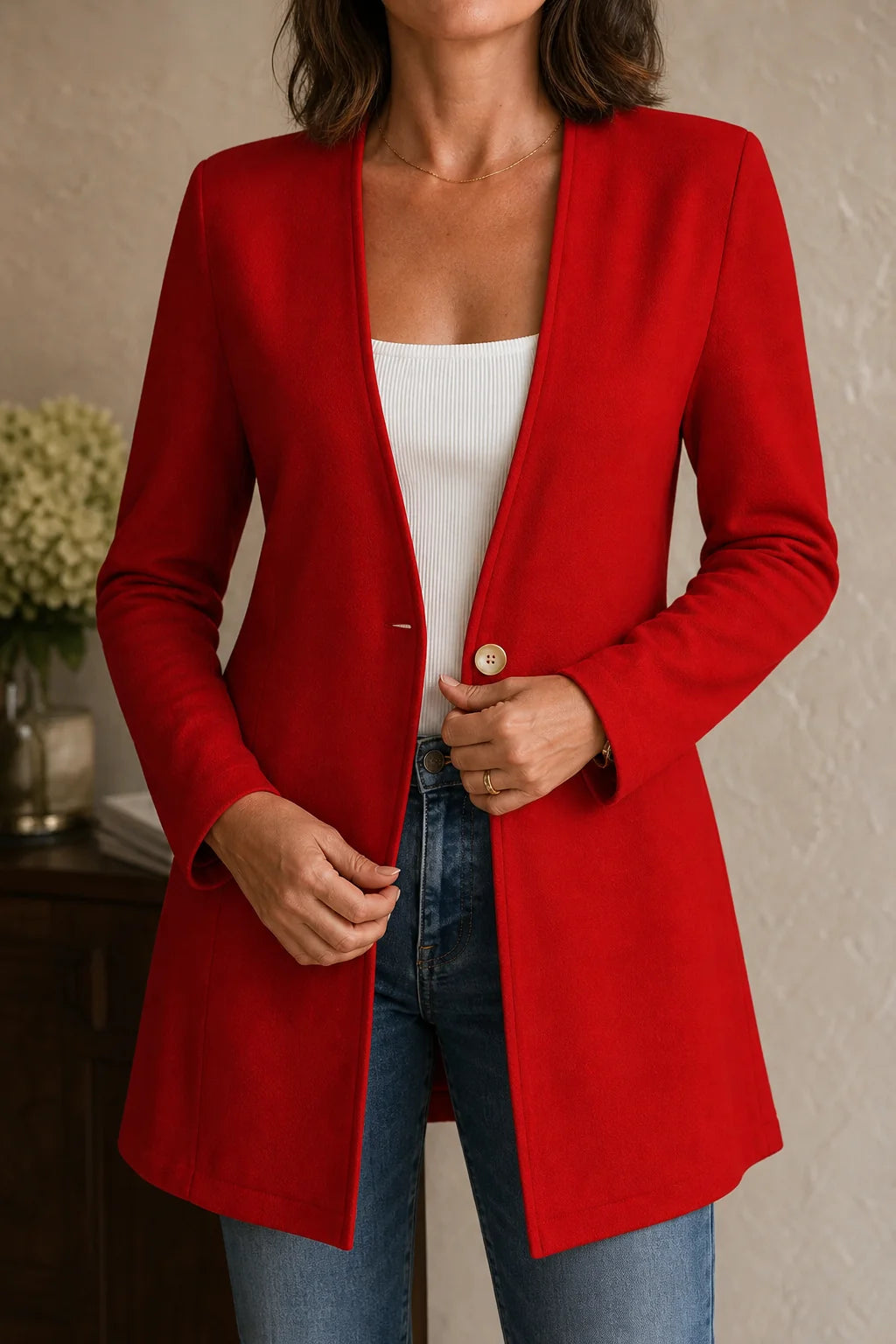 Women’s A-Line Blazer V-Neck Single-Button Closure in Pink 1