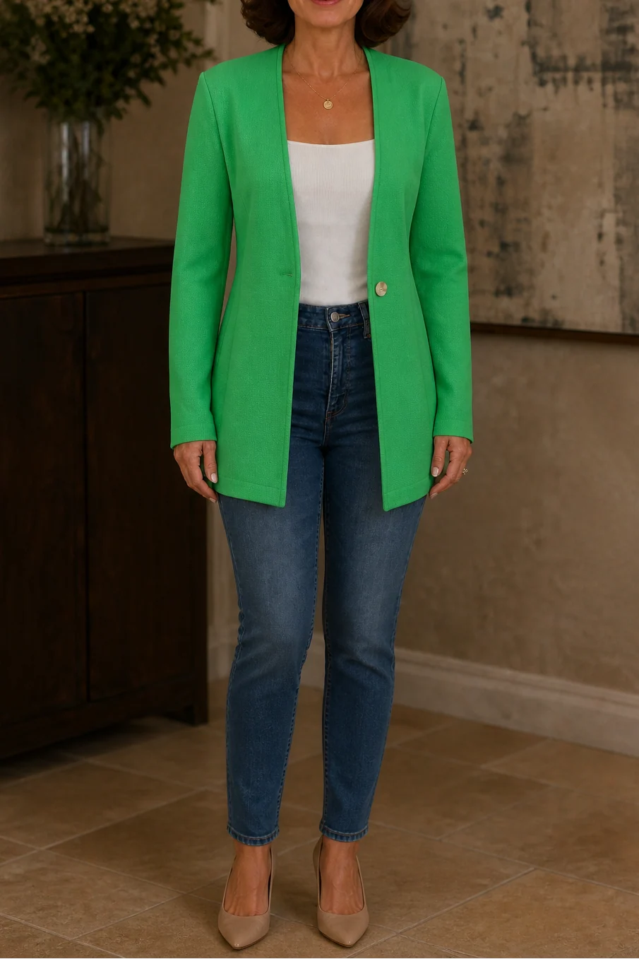 Women’s A-Line Blazer V-Neck Single-Button Closure in Pink 10