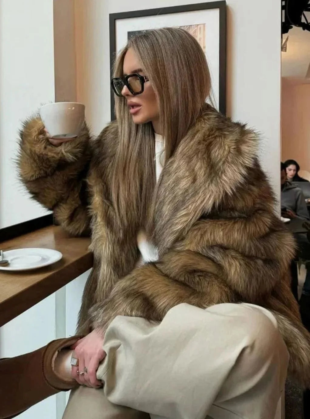 Women’s Brown Faux Fur Long-Sleeve Winter Coat Relaxed Fit 0