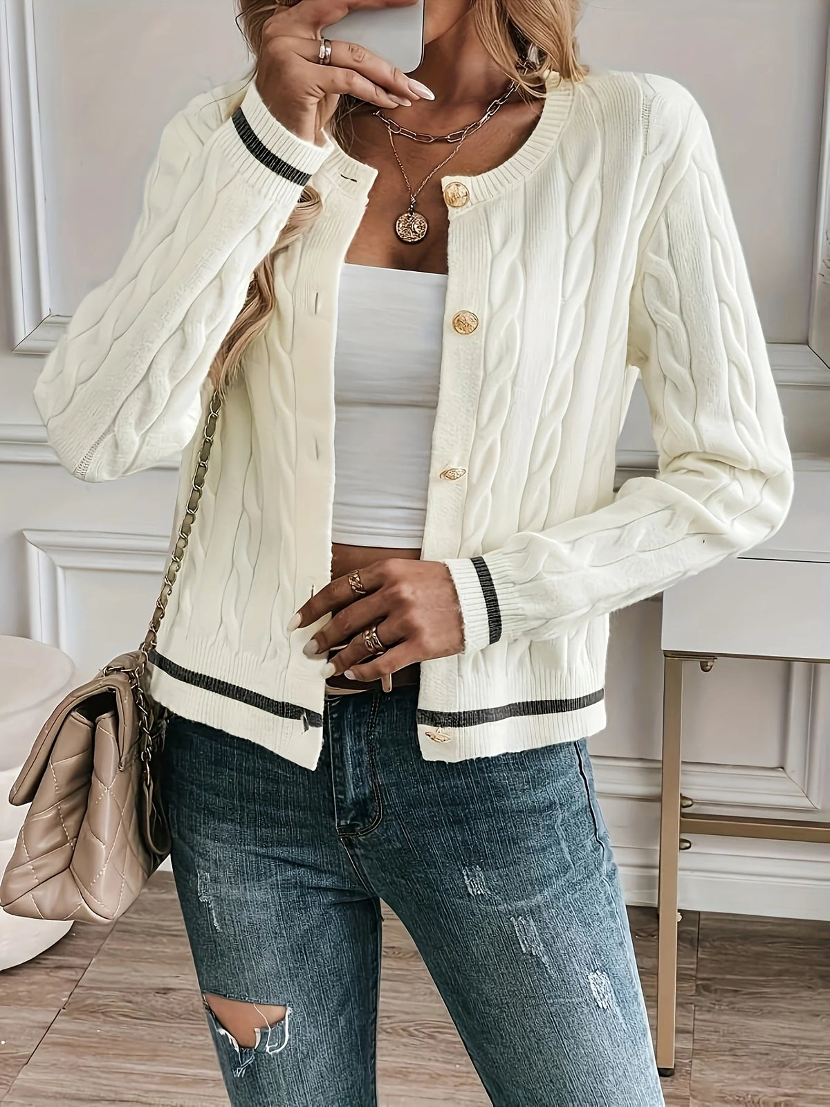 Women’s Cable-Knit Cardigan Refined Open Front Design 8