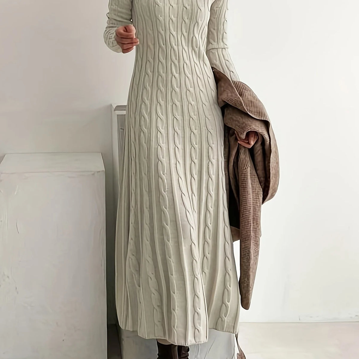 Women’s Cable-Knit Maxi Dress Long Sleeve Elegant Style 0