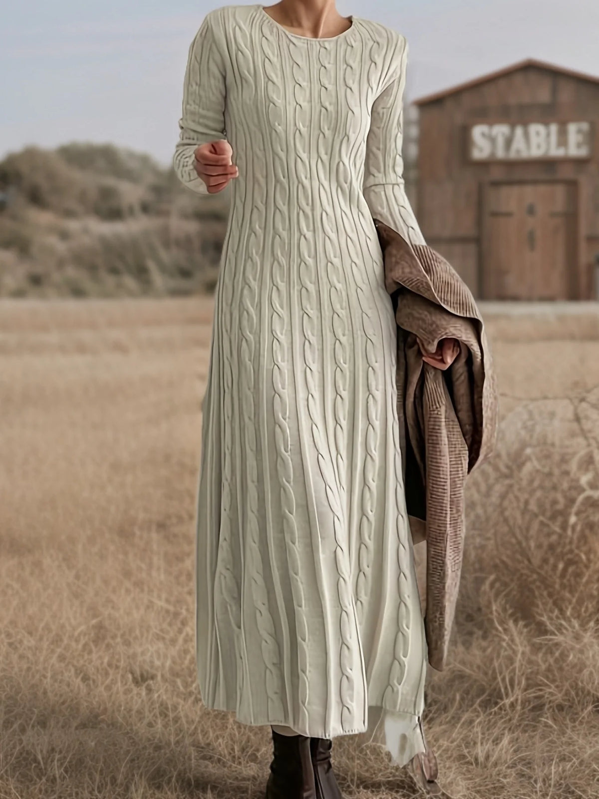 Women’s Cable-Knit Maxi Dress Long Sleeve Elegant Style 1