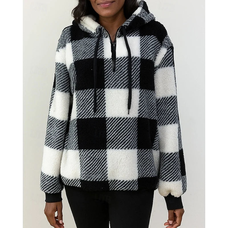 Women’s Checkered Hoodie Relaxed Fit Quarter-Zip Style 3