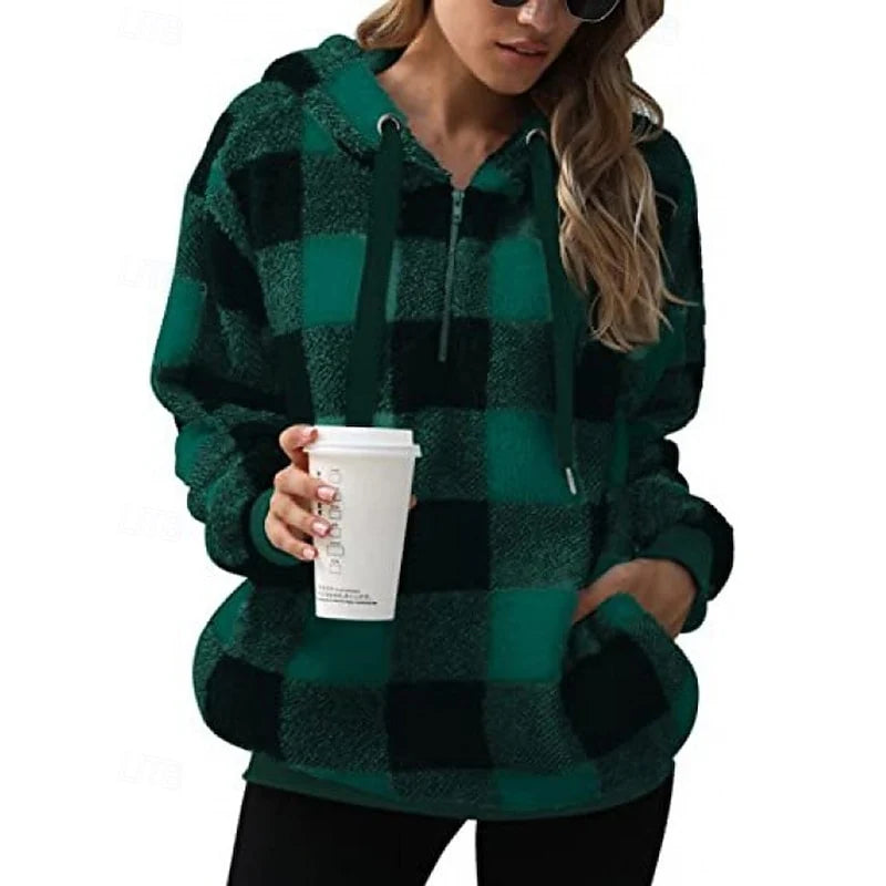 Women’s Checkered Hoodie Relaxed Fit Quarter-Zip Style 6