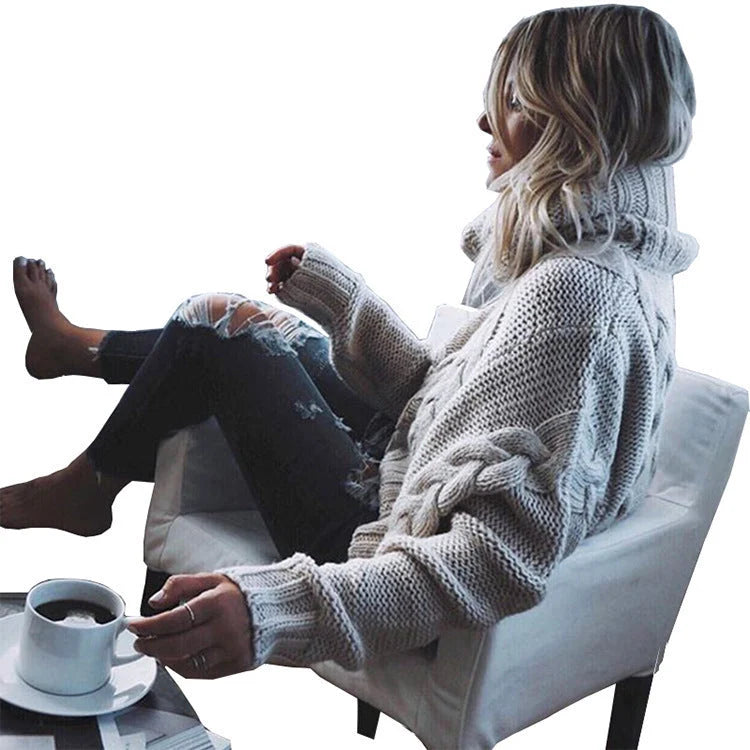 Women’s Chunky Knit Sweater High Collar Cable Design 4