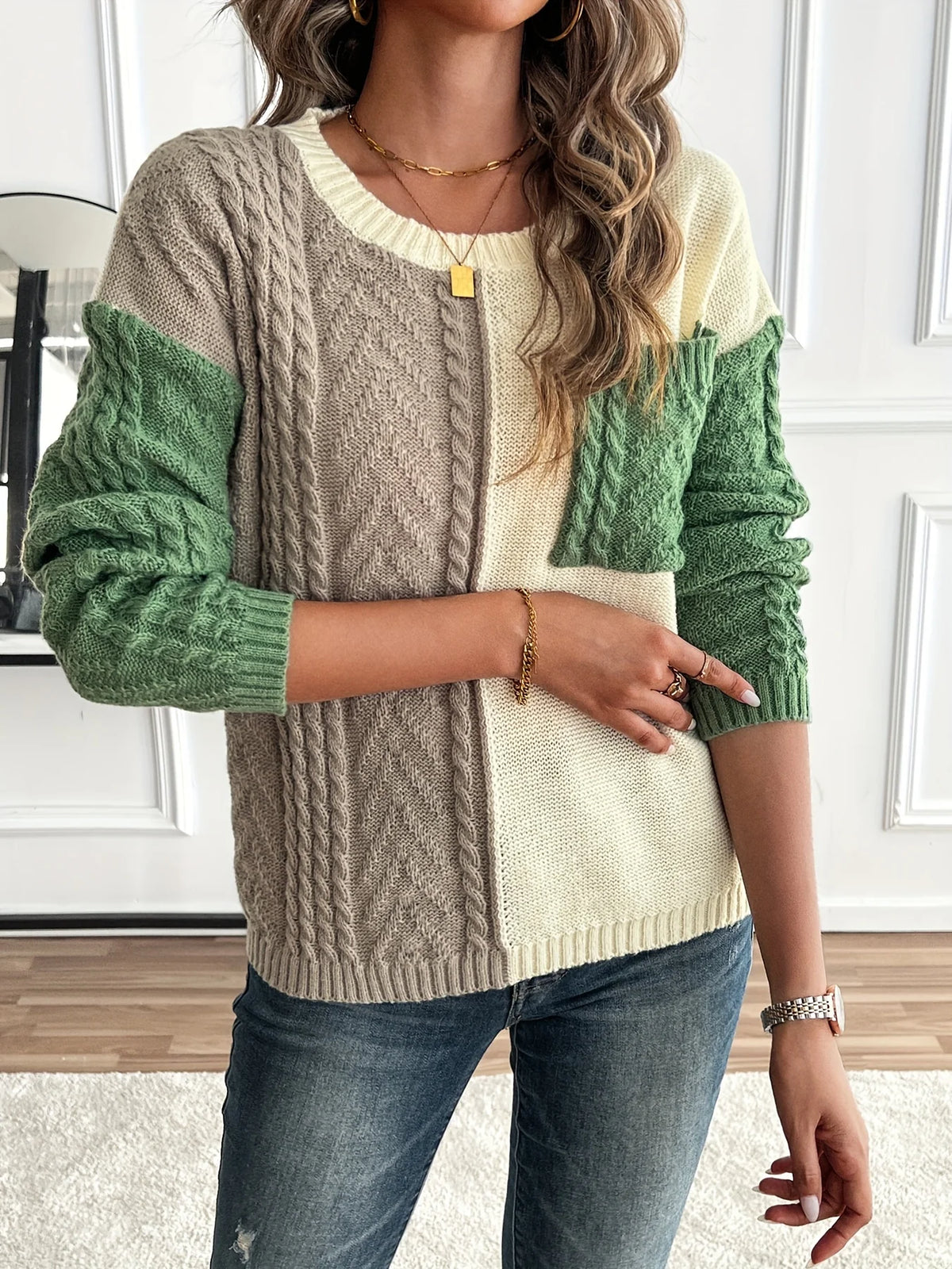 Women’s Color Block Cable Knit Sweater Relaxed Fit Design 3