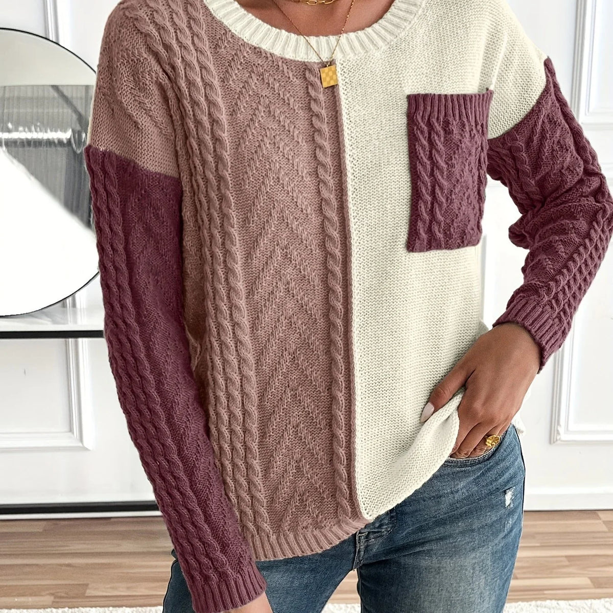 Women’s Color Block Cable Knit Sweater Relaxed Fit Design 6