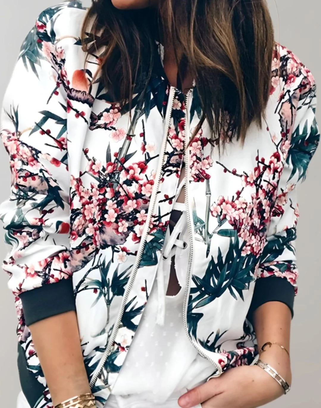 Women’s Floral Zip-Up Bomber Jacket Relaxed Fit 0