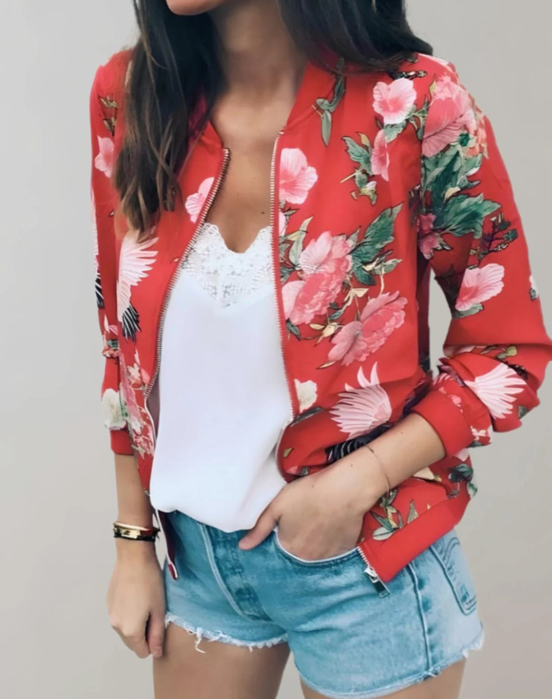 Women’s Floral Zip-Up Bomber Jacket Relaxed Fit 3