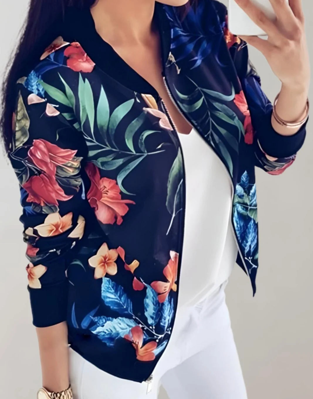 Women’s Floral Zip-Up Bomber Jacket Relaxed Fit 5