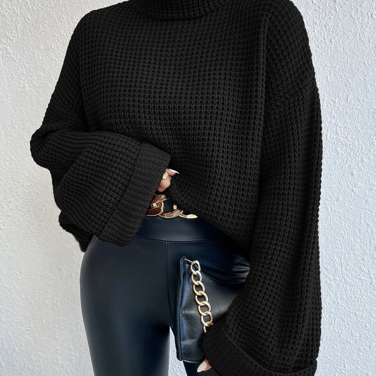 Women’s High-Neck Sweater Cozy Waffle Texture Design 0