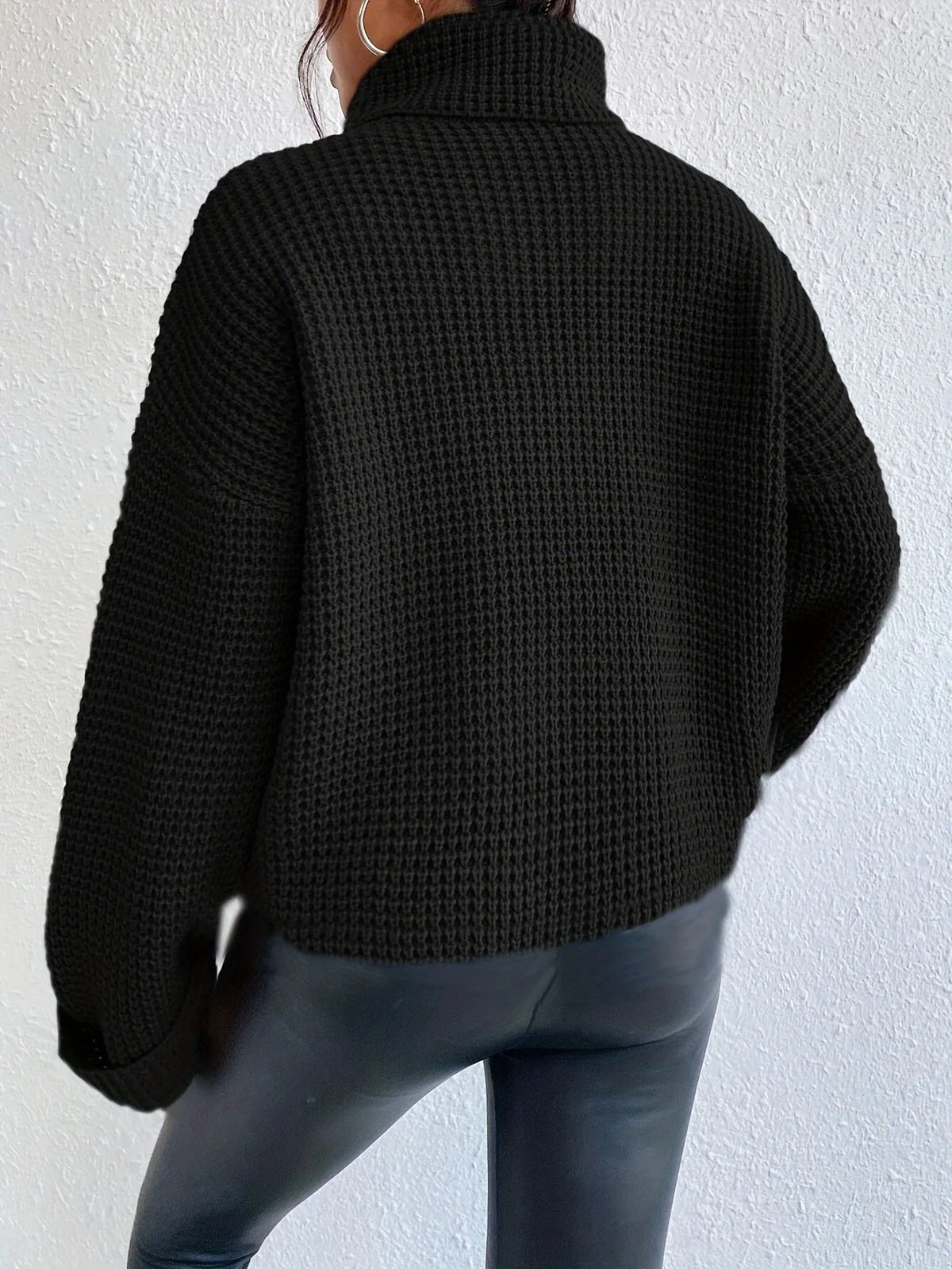 Women’s High-Neck Sweater Cozy Waffle Texture Design 1