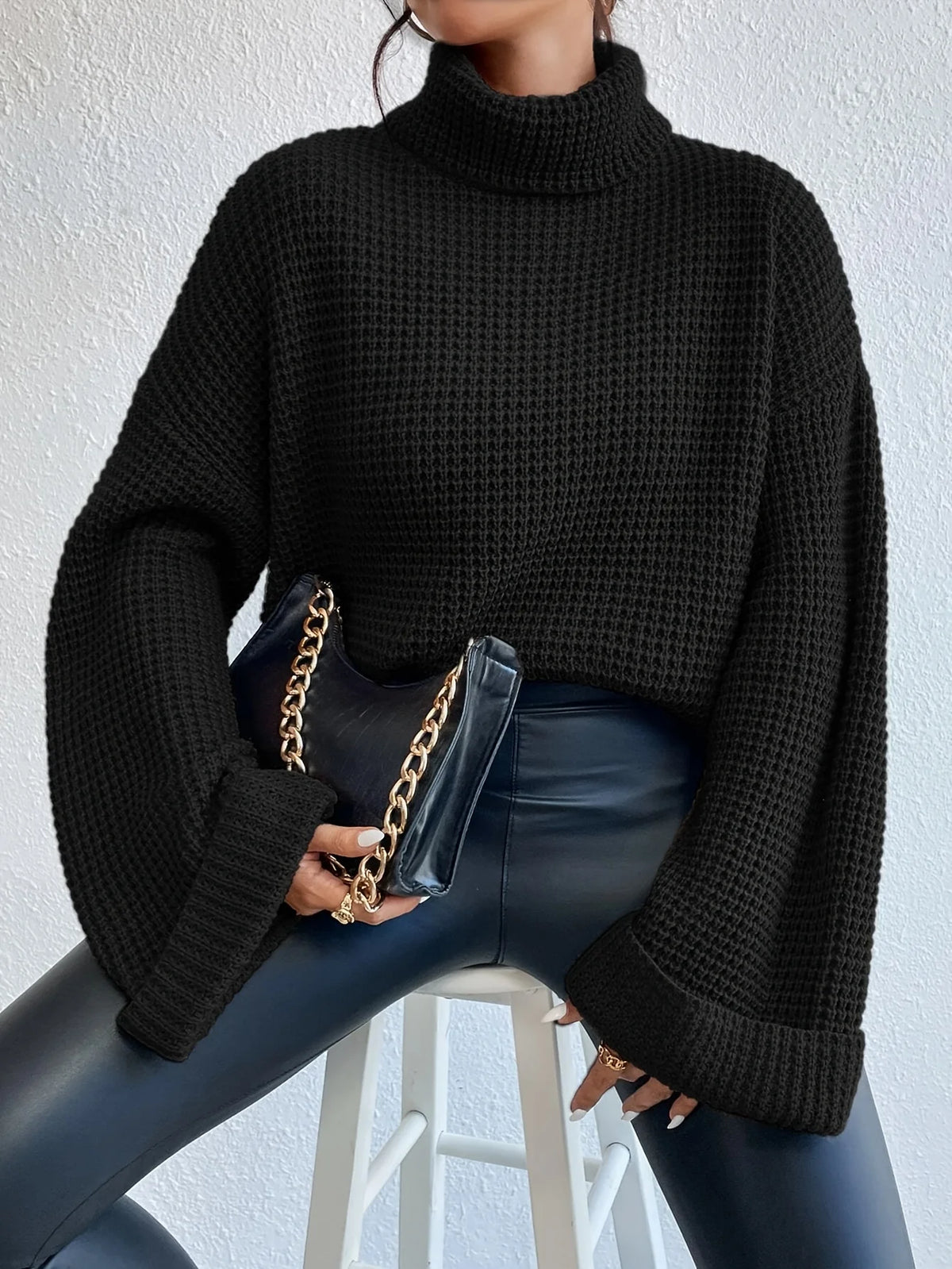 Women’s High-Neck Sweater Cozy Waffle Texture Design 5