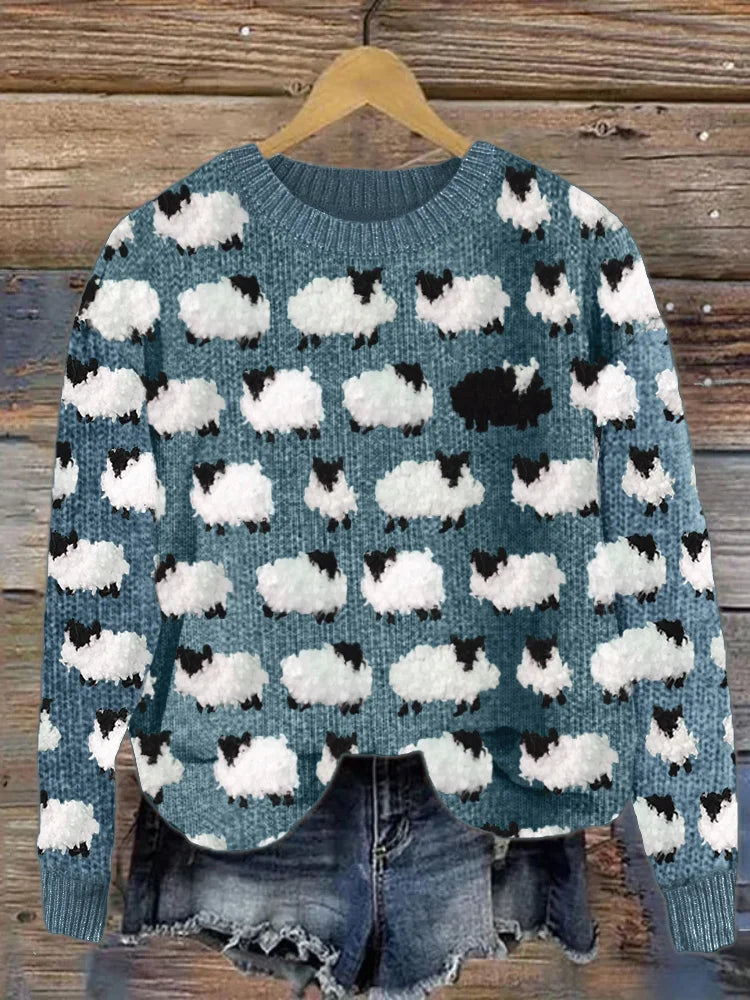 Women’s Jumper Playful Sheep Pattern Round Neck Casual Style 1