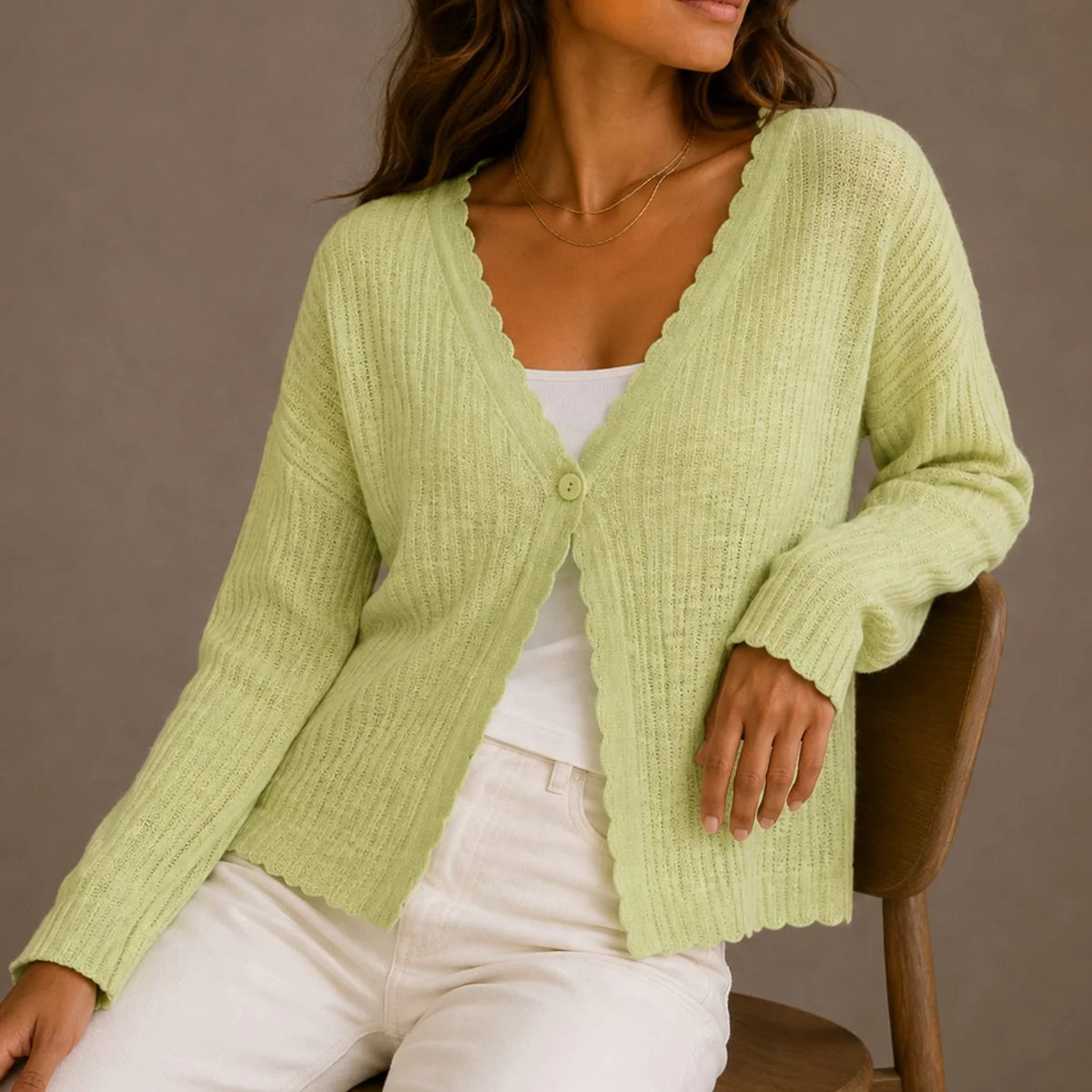 Women’s Knit Cardigan Scallop Trim V-Neck Design 2