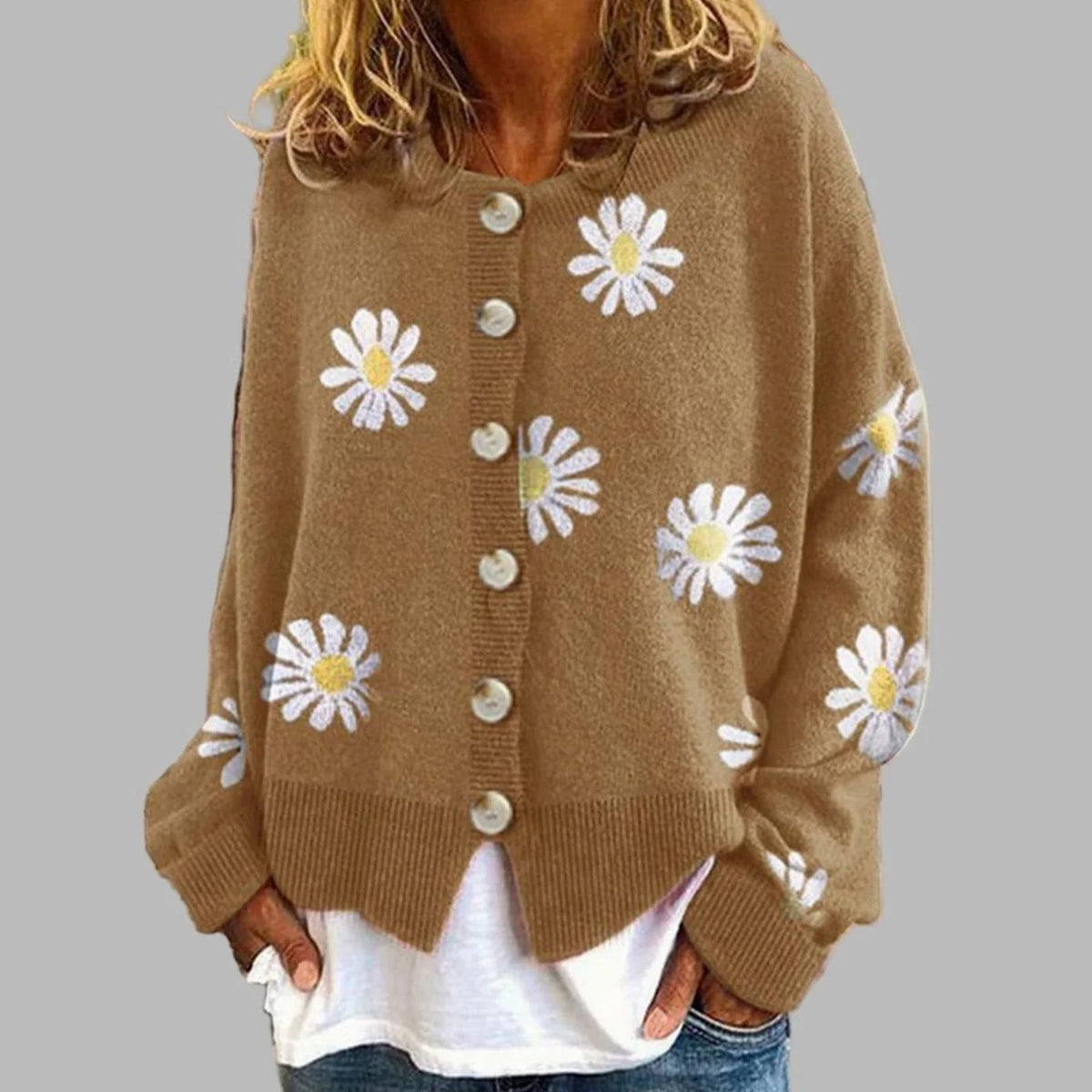 Women’s Knit Cardigan with Daisy Embroidery and Button Front 1
