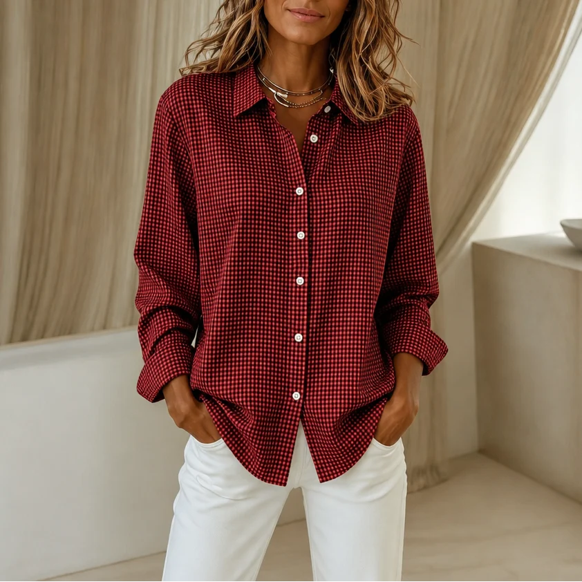 Women’s Lightweight Plaid Button-Down Shirt Relaxed Fit Style 12