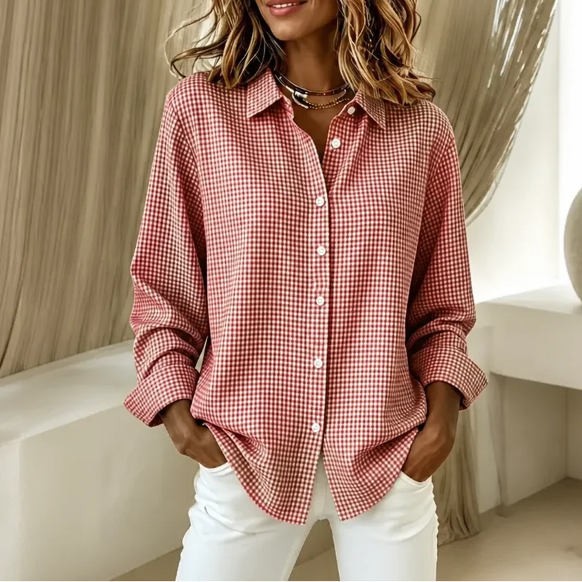 Women’s Lightweight Plaid Button-Down Shirt Relaxed Fit Style 9