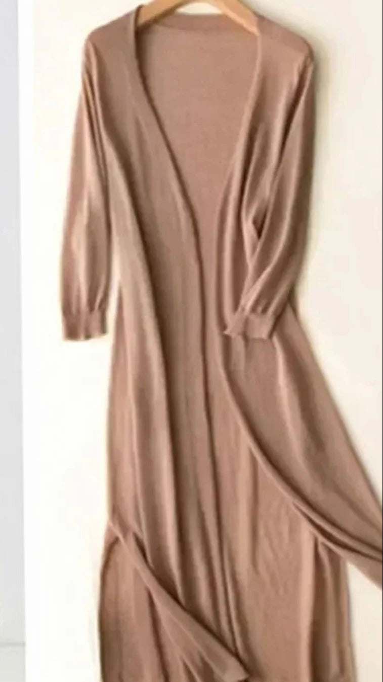 Women’s Long Black Cardigan Open-Front Design with 3/4 Sleeves and Side Slits 0