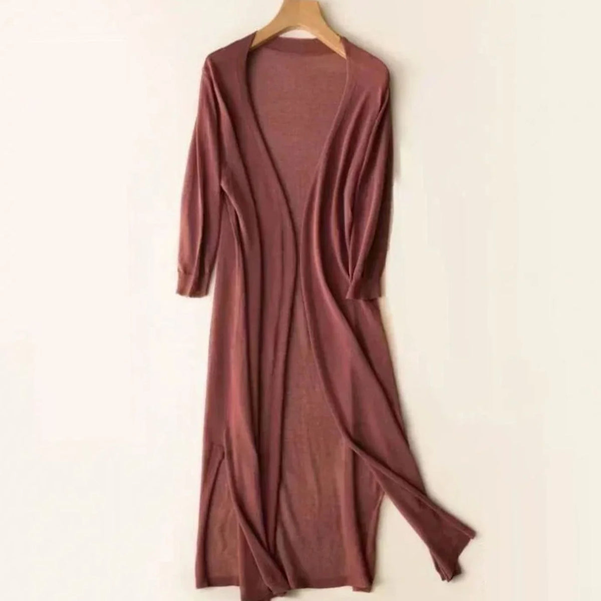 Women’s Long Black Cardigan Open-Front Design with 3/4 Sleeves and Side Slits 1