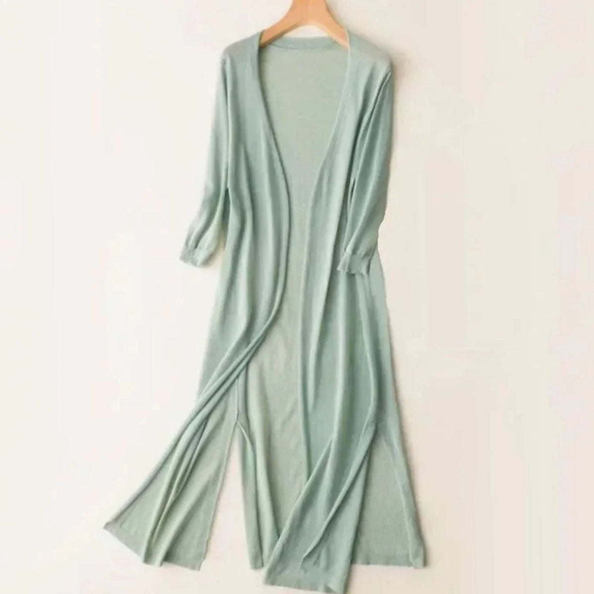 Women’s Long Black Cardigan Open-Front Design with 3/4 Sleeves and Side Slits 2