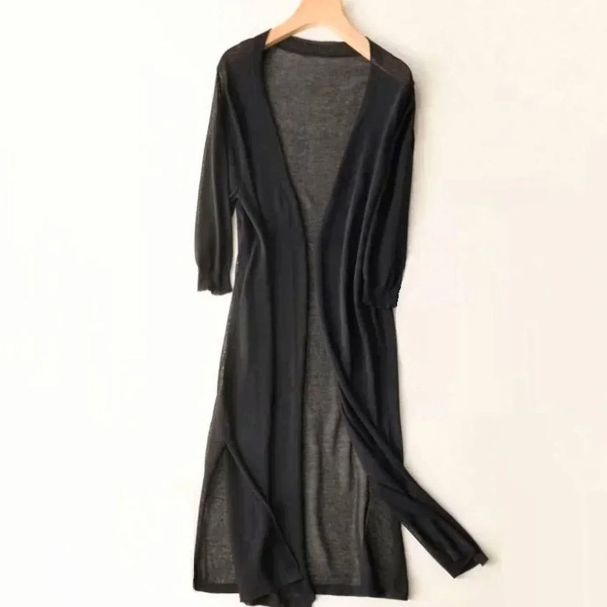 Women’s Long Black Cardigan Open-Front Design with 3/4 Sleeves and Side Slits 3