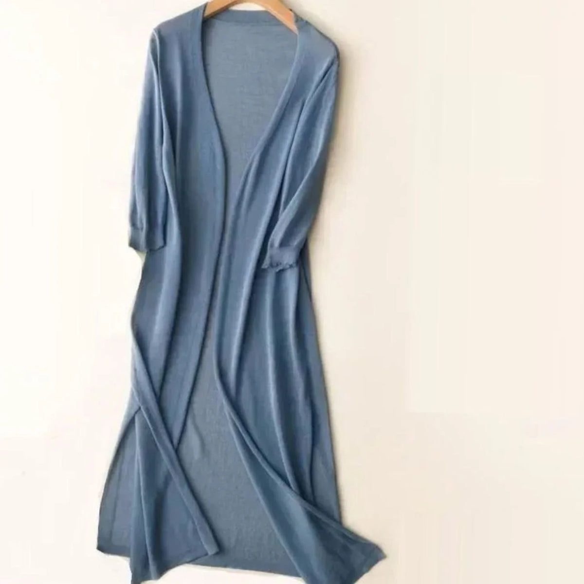 Women’s Long Black Cardigan Open-Front Design with 3/4 Sleeves and Side Slits 6