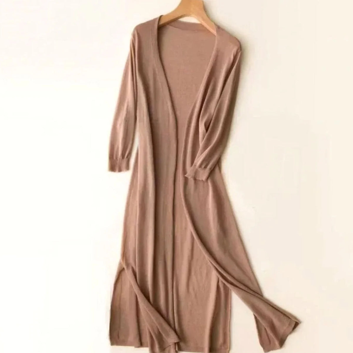Women’s Long Black Cardigan Open-Front Design with 3/4 Sleeves and Side Slits 7