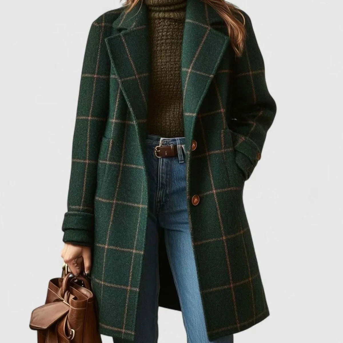 Women’s Mid-Length Green Checkered Wool-Blend Winter Coat 0