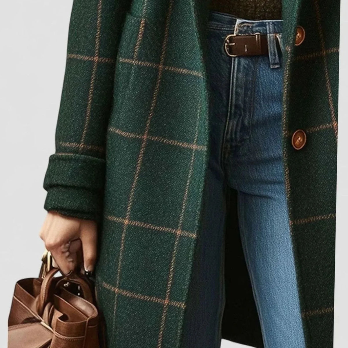 Women’s Mid-Length Green Checkered Wool-Blend Winter Coat 2