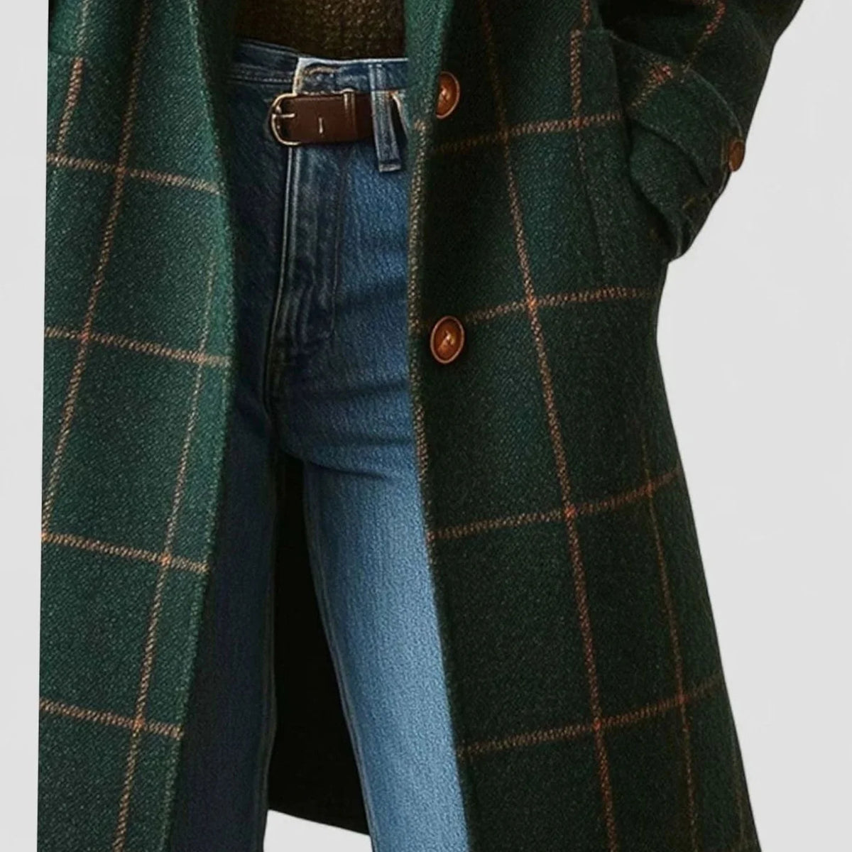 Women’s Mid-Length Green Checkered Wool-Blend Winter Coat 3