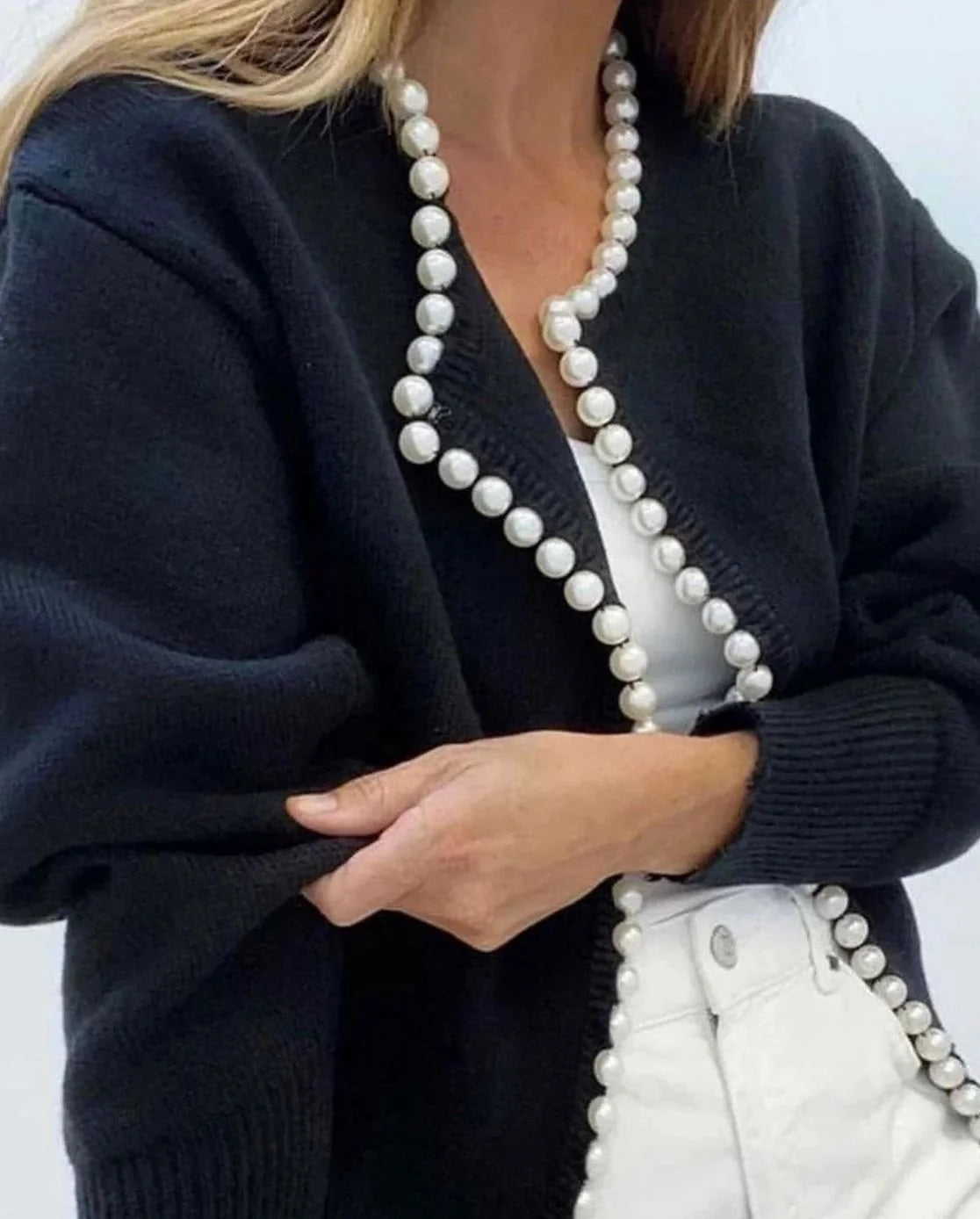 Women’s Open-Front Knit Cardigan with Pearl Trim Detail 0