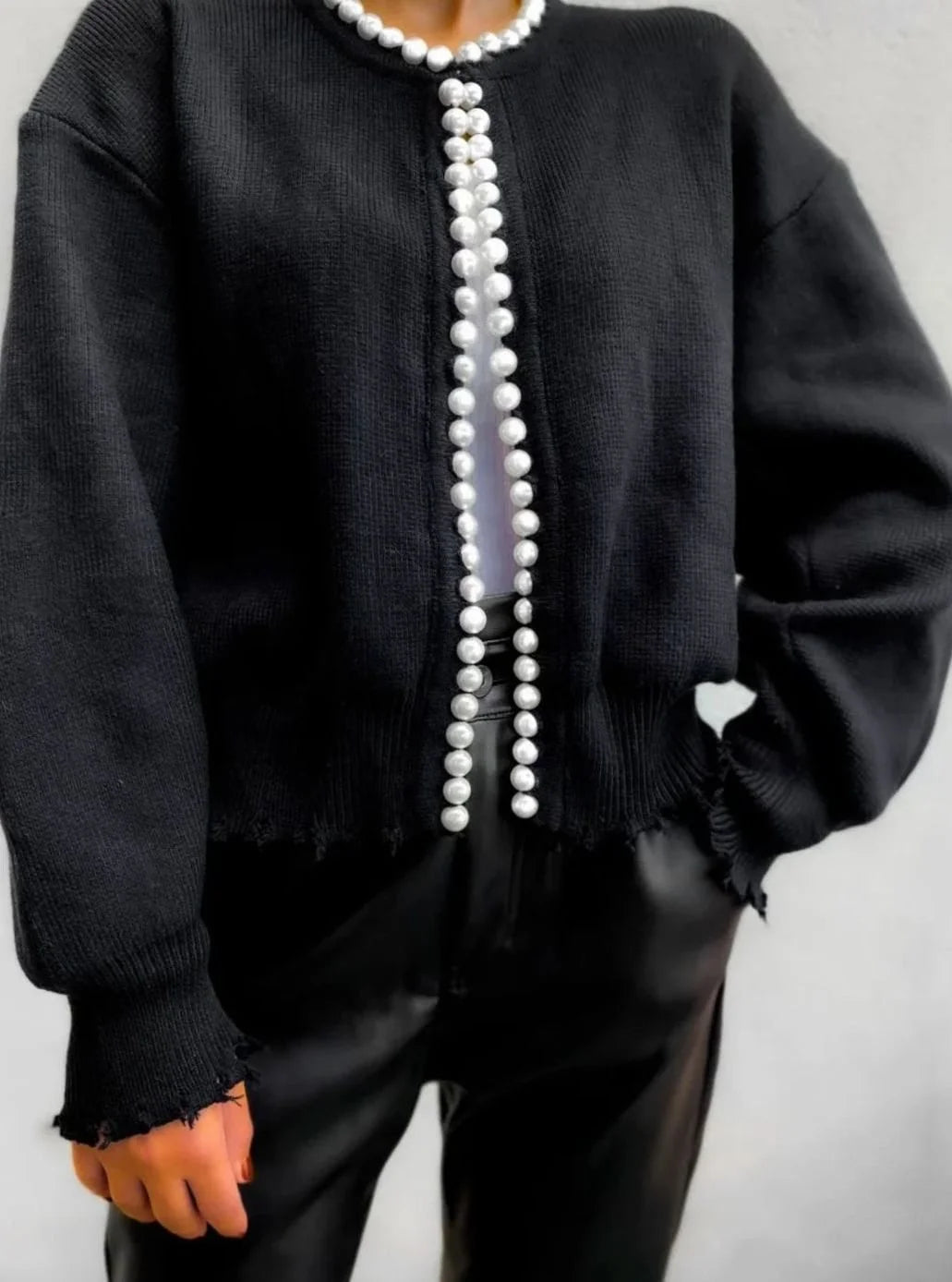 Women’s Open-Front Knit Cardigan with Pearl Trim Detail 1