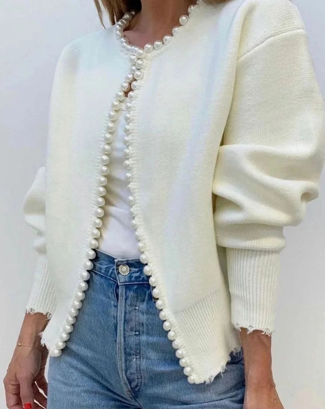 Women’s Open-Front Knit Cardigan with Pearl Trim Detail 3