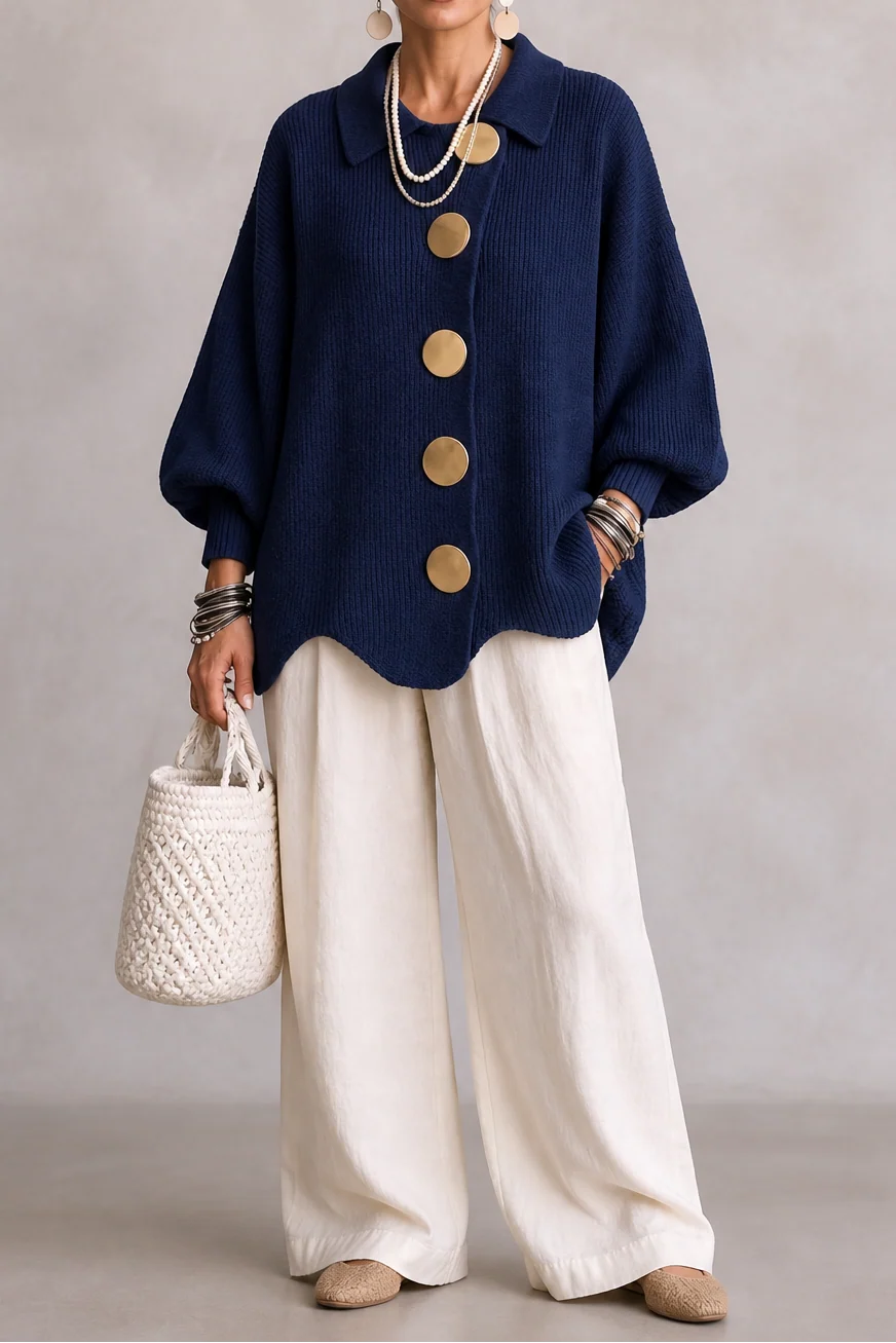 Women’s Oversized Cardigan with Scalloped Hem and Off-Center Button Detail 0