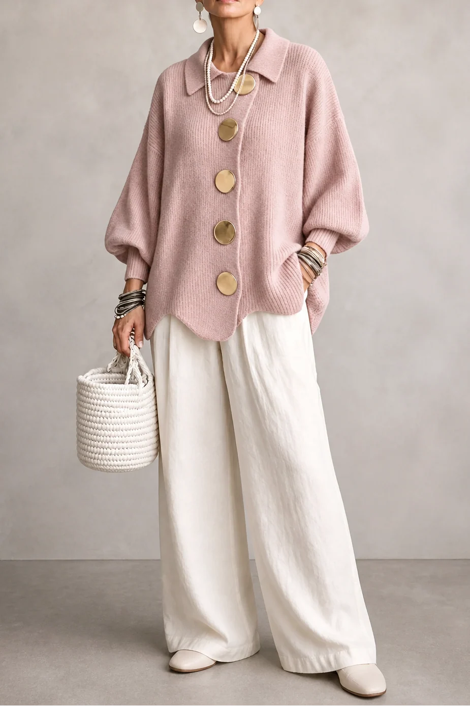 Women’s Oversized Cardigan with Scalloped Hem and Off-Center Button Detail 11