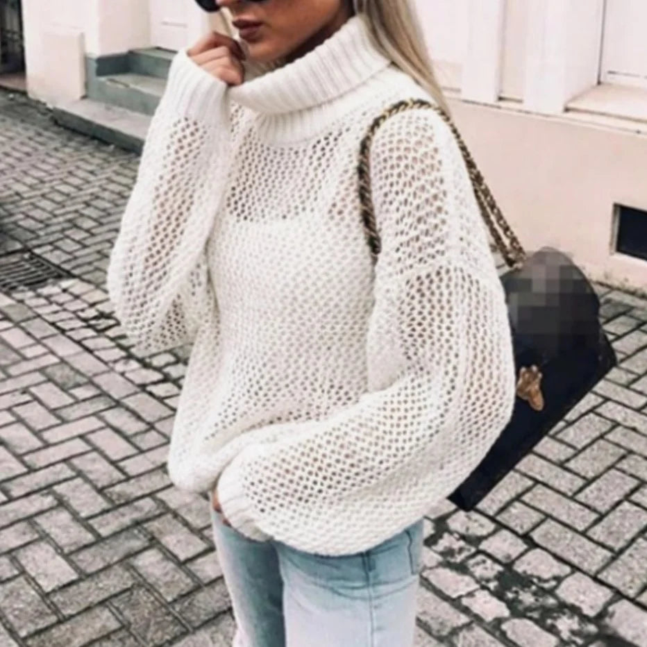 Women’s Oversized Chunky Knit Turtleneck Sweater with Balloon Sleeves 0