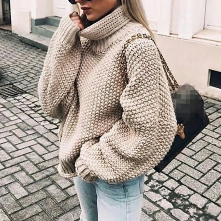 Women’s Oversized Chunky Knit Turtleneck Sweater with Balloon Sleeves 1