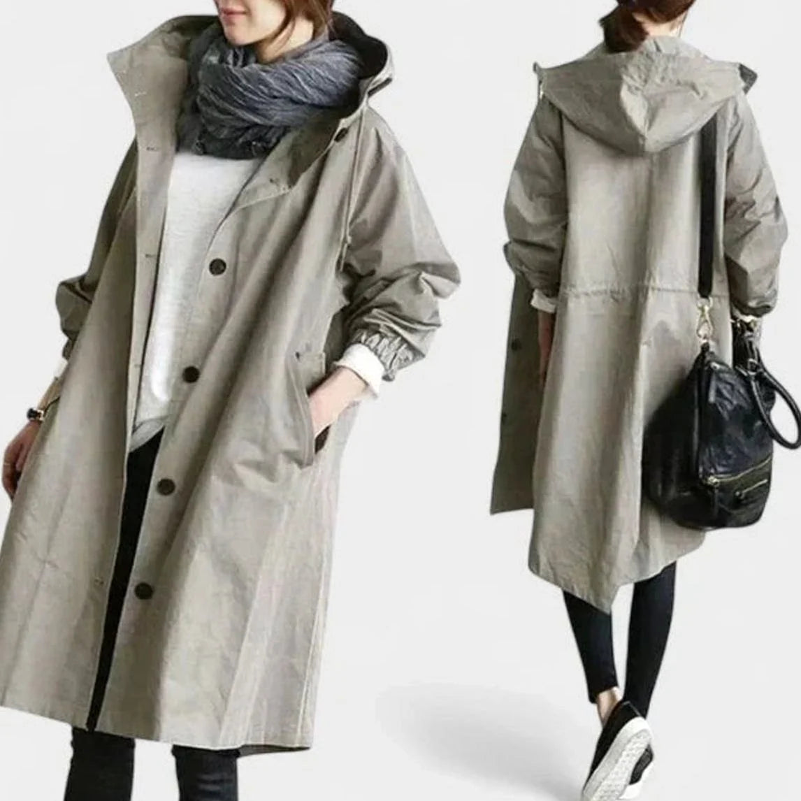Women’s Oversized Longline Trench Coat with Hooded Button Front 0